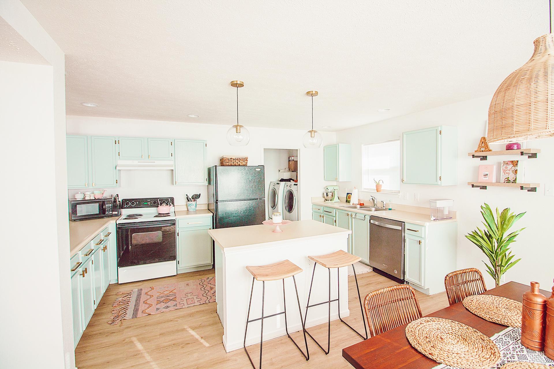 Mint Bohemian Kitchen Makeover: Before & After (+ How to Paint Cabinets)